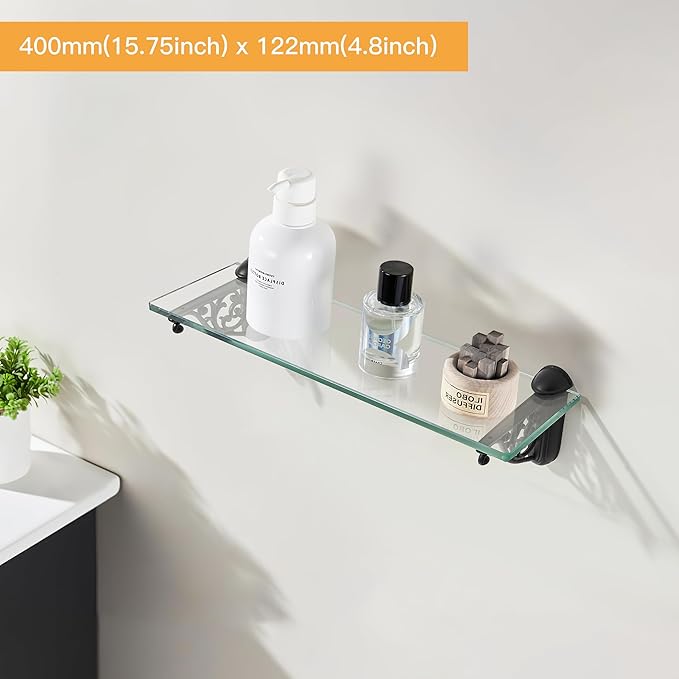 khtumeware 16 Inches Glass Shelves for Bathroom, Black Floating Glass Shelf Zinc Tempered Glass Bathroom Shelves for Wall Mount Modern