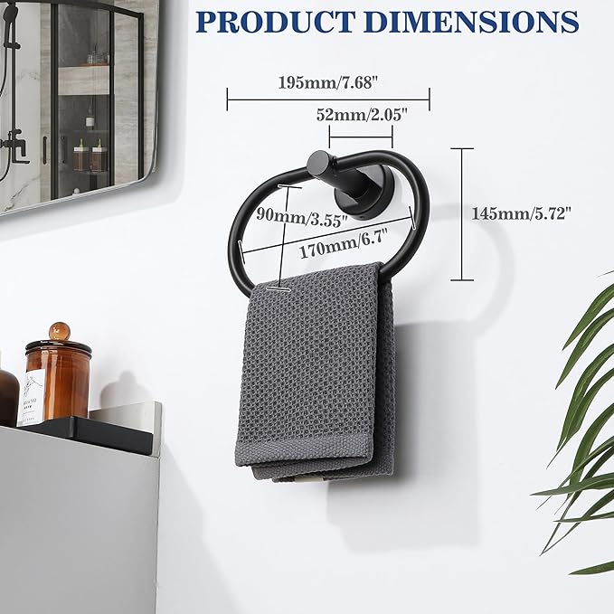 Alise Hand Towel Holder Towel Ring for Bathroom Lavatory,Towel Hanger Wall Mount SUS304 Stainless Steel Towel Rack,Black