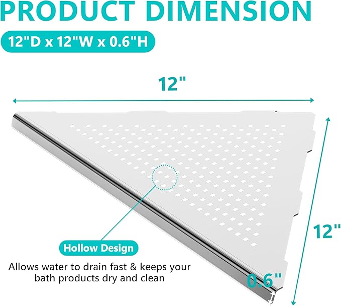 Qeke Bathroom Corner Shelf, Recessed 12" Shower Shelf Caddy, SUS304 Stainless Steel Shelf Wall Mount Triangular, No Drilling, Brushed Nickel
