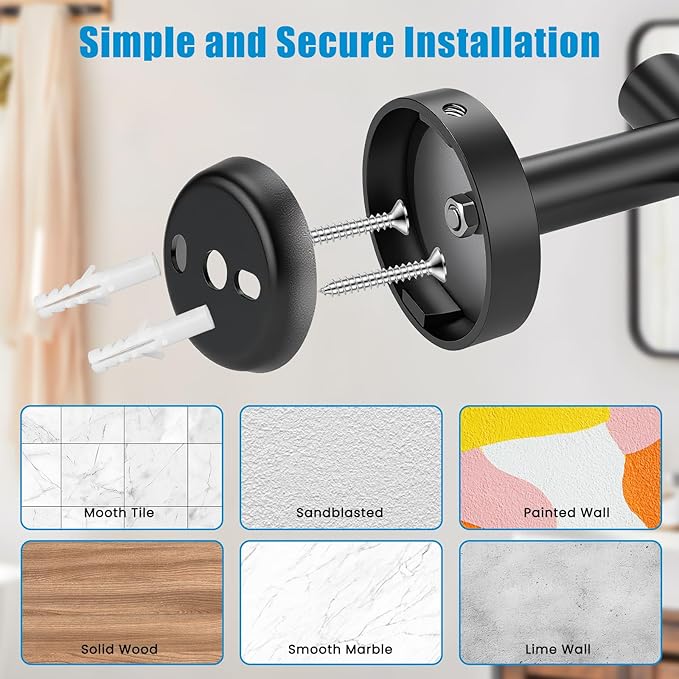 Matte Black 5 Piece Bathroom Hardware Set, SUS304 Stainless Steel Bath Towel Bar Set, 24 Inch Round Bathroom Accessories Kit Wall Mounted, Minimalist Design for All Bathrooms (Matte Black)