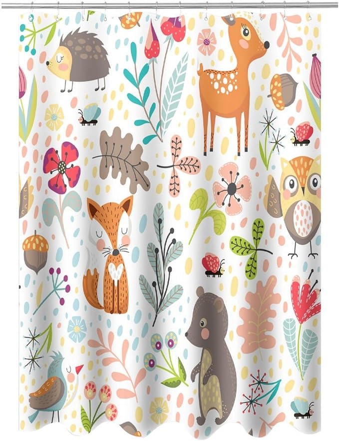 Kids Baby Woodland Shower Curtain Animals Cartoon Girls Children's Cute Cartoon Funny Colorful Weeds Plants Fox Waterproof Fabric Bathroom Decor 72x72 Inches(183x183cm), Style-13