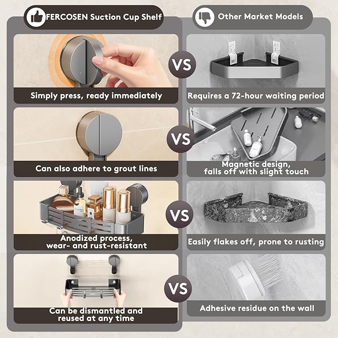Suction Cup Shower Caddy Without Drilling | 4 Hooks, 32 cm Length, 10 kg Load Capacity, 1-Minute Installation | Removable and Rust-Free Shower Shelf