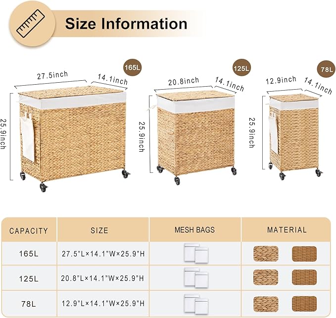 Handwoven Hamper with Lid, Laundry Basket with Wheels, Machine Washable Liner, 3 Section Clothes Hamper for Bathroom Laundry Room Bedroom(Natural, 165L)