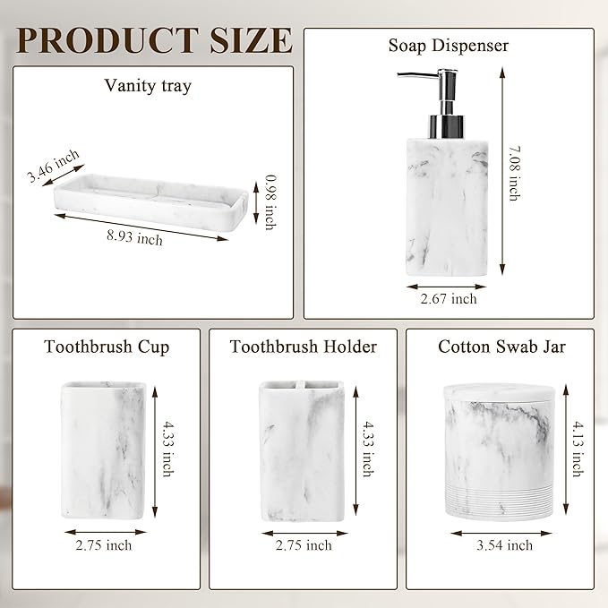 YMXYJM Bathroom Accessories Set, 6 Piece Bathroom Set with Toothbrush Holders, Soap Dispenser, Vanity Tray, Tumbler, Cotton Swab Jars, Bathroom Organizer，Bathroom Sink Sets, Artificial Marble White