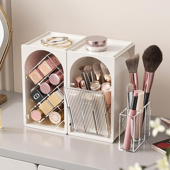 INVSSENE Stackable Makeup Organizer Countertop, Storage Perfume Skincare Cosmetic Lipstick Face Mask Makeup Brush Palettes, Ideal for Vanity Bathroom Counter