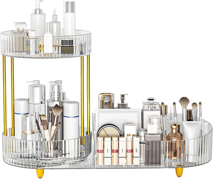 Beborxue Makeup Organizer Countertop for Vanity, 360 Rotating Cosmetic Skincare Perfume Organizers, Large Capacity Cosmetic Display Case for Dresser, Bathroom Countertop (Clear)