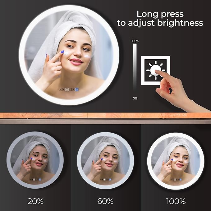 39 Inch Round LED Bathroom Mirror with 3 Color Modes, Touch Dimmer, Anti-Fog - Wall Mount Lighted Vanity Mirror for Makeup, Dressing Room - Fab Glass and Mirror