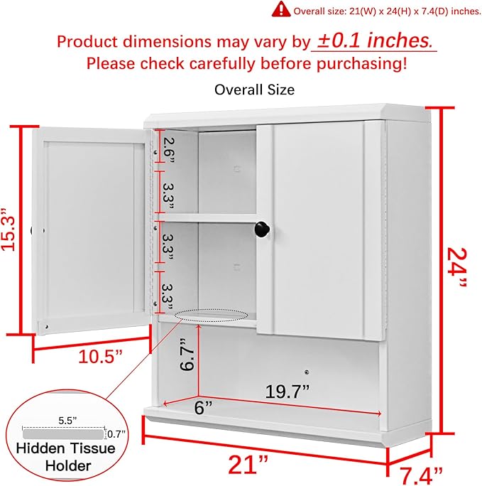 Fundin White Bathroom Wall Metal Cabinet with Hidden Tissue Slot & Adjustable Shelves, Over The Toilet Storage Cabinet for Bathroom Laundry Room