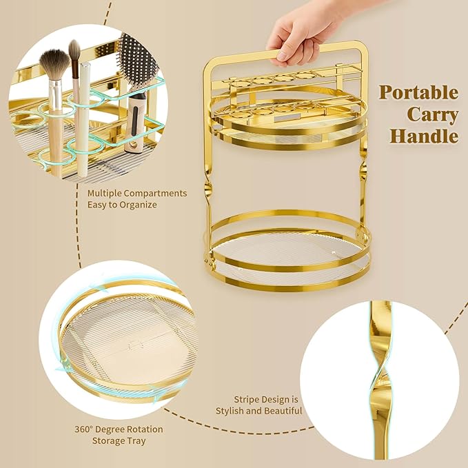 360 Rotating Makeup Organizer Vanity, Gold Perfume Organizer for Dresser, 2 Tier Bathroom Organizer Countertop,Spinning Cosmetic Display Lazy Susan for Women,Skincare Storage with Brush Holder
