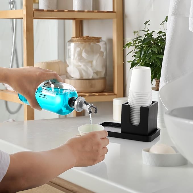 Glass Mouthwash Dispenser for Bathroom, 16 OZ Mouthwash Dispenser with Pour Spout and Wood Cup Holder and Tray, Mouth Wash Bottle Container, Black Kitchen Bathroom Decor and Accessories
