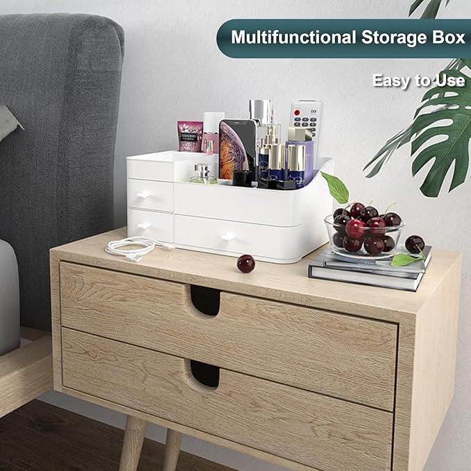 Makeup Organizer for Vanity, Large Countertop Organizer with Drawers, Cosmetics Storage for Cosmetics, Lipsticks, Jewelry, Nail Care, Skincare, Ideal for Bedroom and Bathroom Countertops (White)