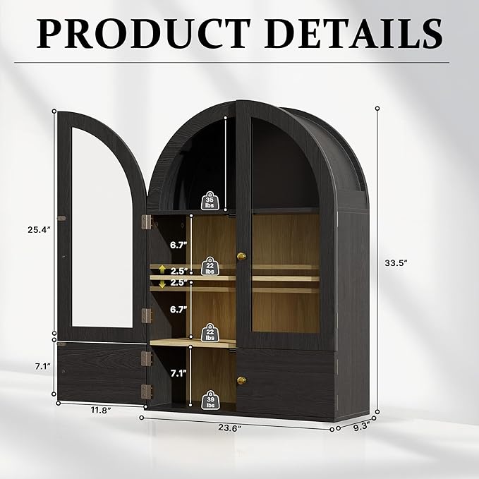 BREEZEHEAT Arched Medicine Cabinet with Extra Storage, Glass Doors & Adjustable Shelf -Wall Mounted Over Toilet Cabinet for Bathroom, Kitchen, Laundry Room, Black Wood Grain, 23.6x33.5 Inch