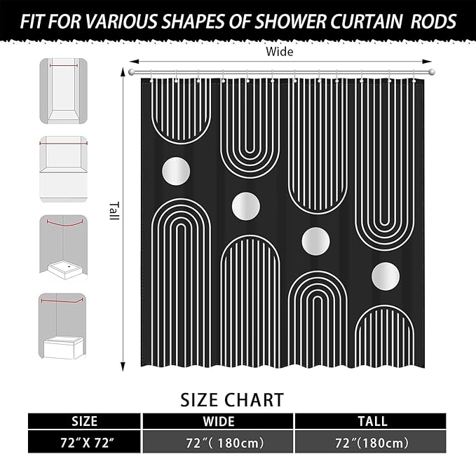 Boho Mid Century Shower Curtain Set, Modern Minimalist Arch Lines Sun Abstract Aesthetics Bathroom Decor, Waterproof Fabric Black Bohemian Bath Curtain with 12 Hooks 72x72 inches