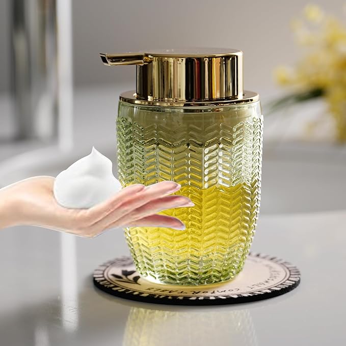 CICUFY Foaming Hand Soap & Lotion Dispenser, Refillable Glass with Large Gold Pump(Barrel Pattern-Green)