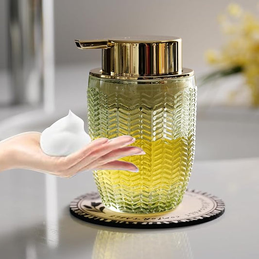 CICUFY Foaming Hand Soap & Lotion Dispenser, Refillable Glass with Large Gold Pump(Barrel Pattern-Green)