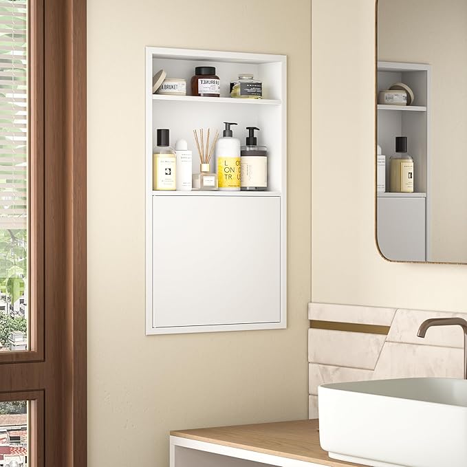 Recessed Medicine Cabinet with Door 24" X 14" White Wall Medicine Cabinets with 3-Tier Shelf 304 Stainless Steel Niche Shower for Bathroom Storage