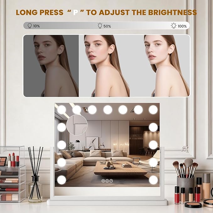 Vanity Mirror with Lights, 23"×17" Hollywood Makeup Mirror with 15 Dimmable Bulbs, 3-Color Lighting, Dimmable, 360° Rotation, 10x Magnification, Desk Mirror, Bedroom (White)