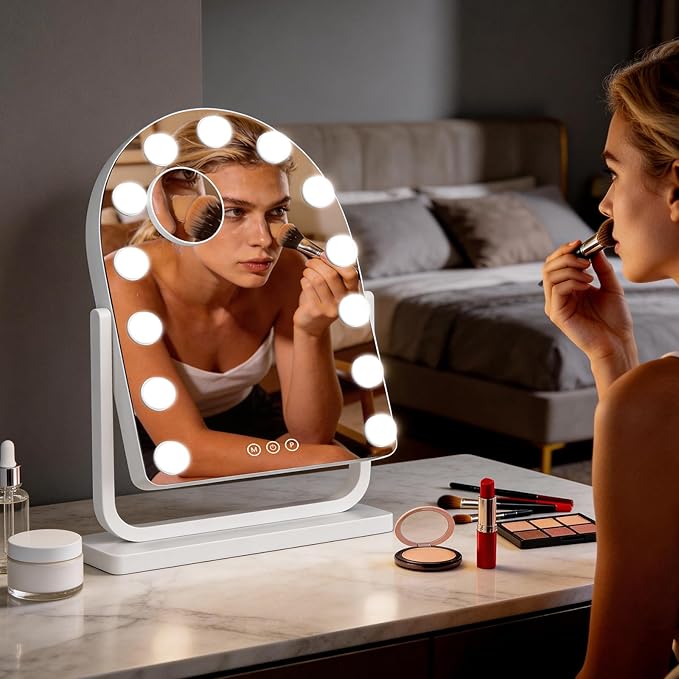 Arched Vanity Mirror with Lights, 19"×14" Hollywood Makeup Mirror with 13 Dimmable Bulbs, 3-Color Lighting, Dimmable, 360° Rotation, 10x Magnification, Desk Mirror, Bedroom (White)