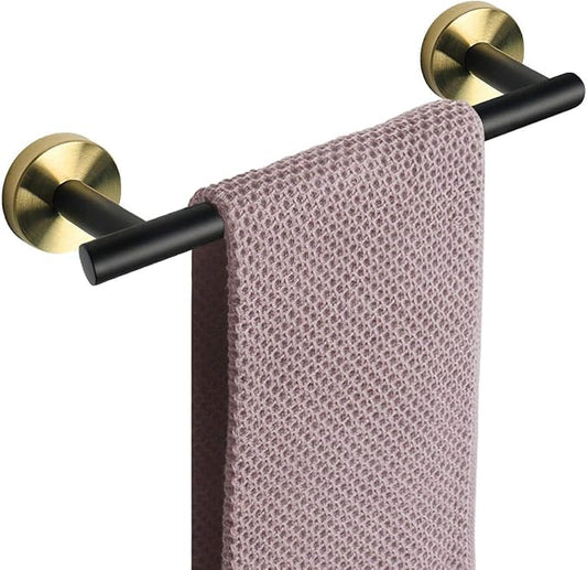 NearMoon Bath Towel Bar, Thicken Stainless Steel Shower Towel Rack Holder Wall Mounted for Bathroom, 9-lnch Overall Length-7-lnch Usable Hanging Space (1 Pack, Matte Black & Gold)