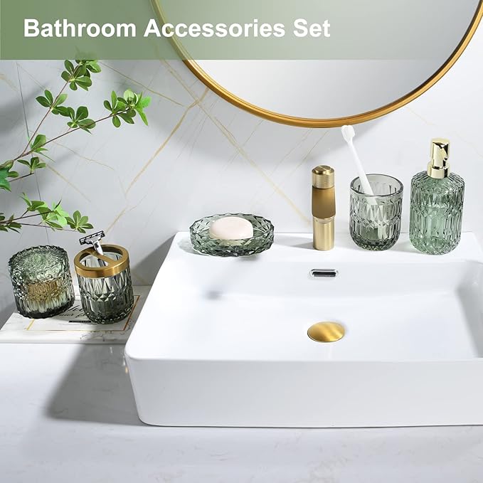 LaMarriti Green Bathroom Accessories Set, 5Pcs Clear Glass Bathroom Set Accessories, Soap Dispenser, Soap Dish, Toothbrush Holder Set, Tumbler, Qtips Holder for Vintage Crystal Bath Decor
