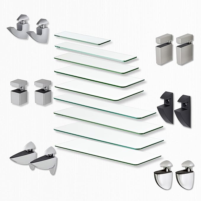 Glass Shelves - Tempered Safety Glass Shelves for Bathroom, Choose Over 20 Shelf Brackets and Multiple Shelf Sizes - Ara Style - 23.6 x 11.8 in - Silver Clip