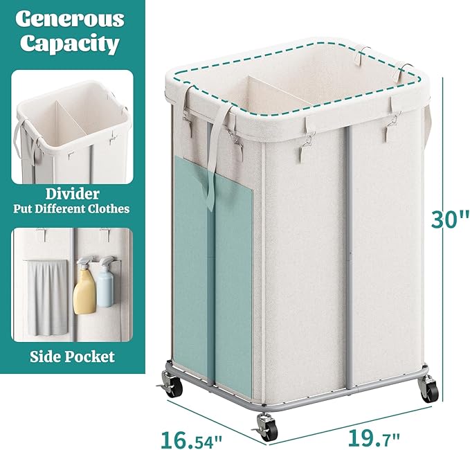 155L Laundry Hamper with Wheels, Rolling Laundry Basket with Metal Frame and Removable Bag, Double Laundry Hamper 2 Section, Large & Tall Dirty Clothes Hampers for Bedroom Aesthetic, Laundry Room