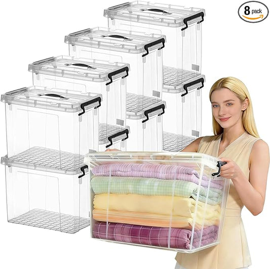 8 Pack 90 Qt Clear Large Storage Bins with Lids, Stackable Plastic Organizer for Home, Office, Garage, BPA-Free, Heavy-Duty, See-Through Containers with Secure Latches & Handles