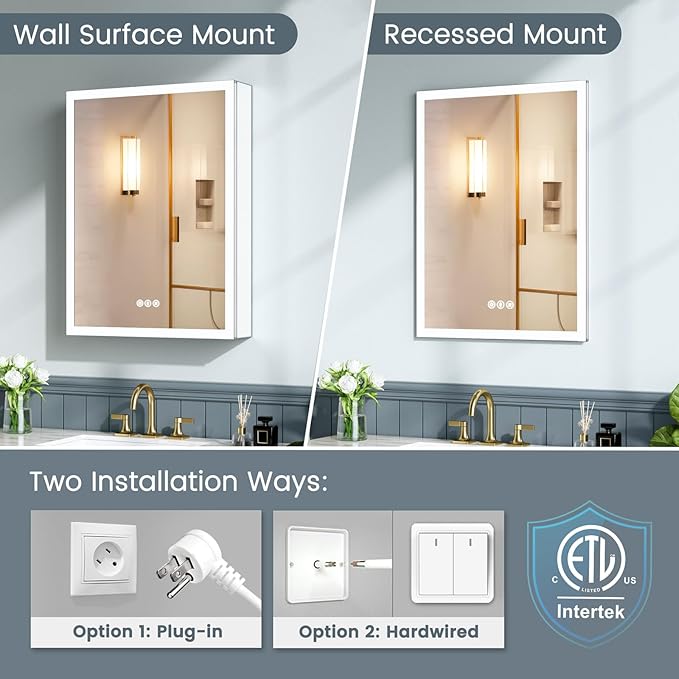 24x32 Inch Medicine Cabinet with Lights, AL Alloy Frame, Plug-in or Hardwired, Recessed or Wall Mount, 3 Colors/Dimmable/Interior Sensor Light/Defog,2 Outlets & USBs,3 Shelves (Right Hinge)