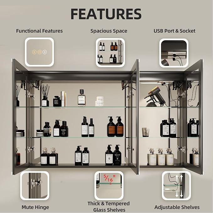 Buruis 60 x 32 Inch Medicine Cabinet with LED Lights and Mirror, Recessed/Wall Mounted Bathroom Cabinet, 3-Color Light, Defogger, Memory Function, Outlet & USB, Dimmer, Black