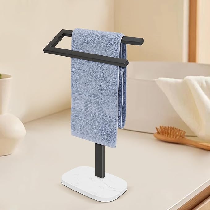 Livabber Standing Hand Towel Holder, 304 Stainless Steel Hand Towel Rack Stand with Heavy Marble Base, Bath Accessories, Towel Ring for Bathroom Kitchen Countertop, 14 Inch (Black)
