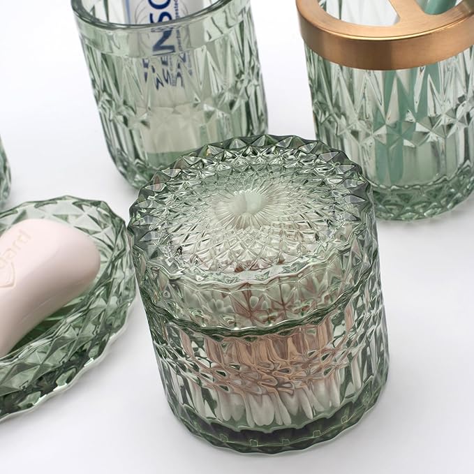 IVAILEX 5PCS Green Glass Bathroom Accessories Sets of Lotion Dispenser, Soap Dish, Toothbrush Holder, Tumbler, Cotton Swab Jars, Modern Bath Decor, Vintage Gift