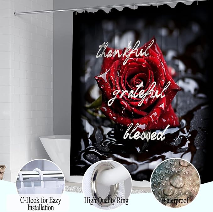 4Pcs Romantic Red Rose Bathroom Shower Curtain Sets, Valentine's Day Gift Waterproof Fabric Floral Bathroom Sets with Shower Curtain and Rugs Toilet Lid Cover Bath Mat, Retro Flower Home Decor Sets