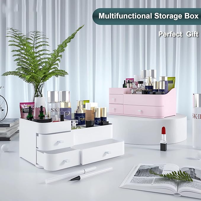 Makeup Organizer for Vanity, Large Countertop Organizer with Drawers, Cosmetics Storage for Cosmetics, Lipsticks, Jewelry, Nail Care, Skincare, Ideal for Bedroom and Bathroom Countertops (Pink)