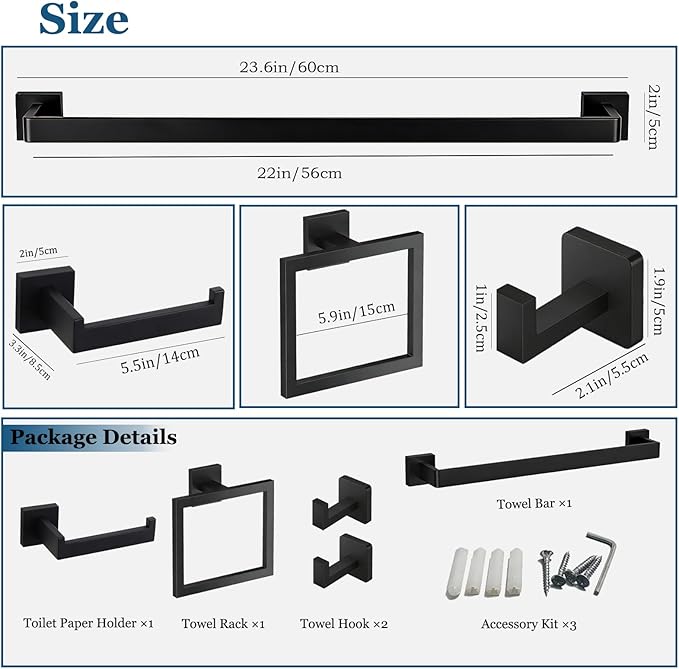 5-Pieces Wall Mount Bathroom Accessories Bathroom Hardware Set,23.6 Inch Stainless Steel Waterproof Towel Bars,Toilet Paper Holder with Shelf,Towel Ring,Coat Hook,Matte Black 5PC - Rectangle