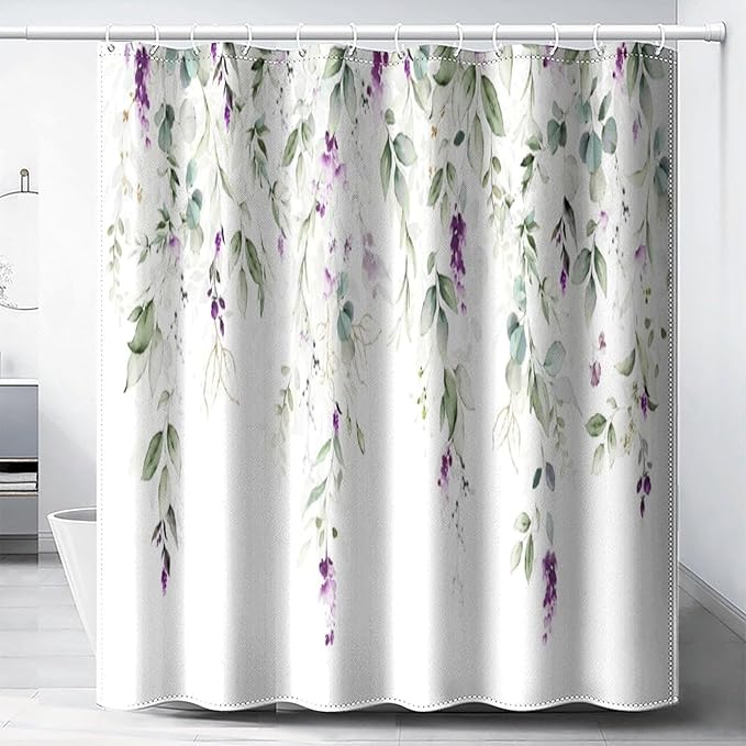 Purple Floral Shower Curtain Watercolor Flowers Modern Minimalist Wildflower Bathroom Decor Fabric Curtains with Hooks 72x72 Inches(183x183cm), Style-10