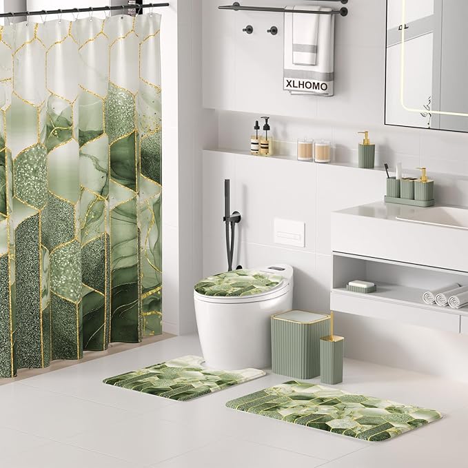 XLHOMO Bathroom Set - 26PC Bathroom Set with Shower Curtain and Rugs, Bathroom Accessory Set, Sage Green Bathroom Accessories Set, Trash Can & Soap Dispenser