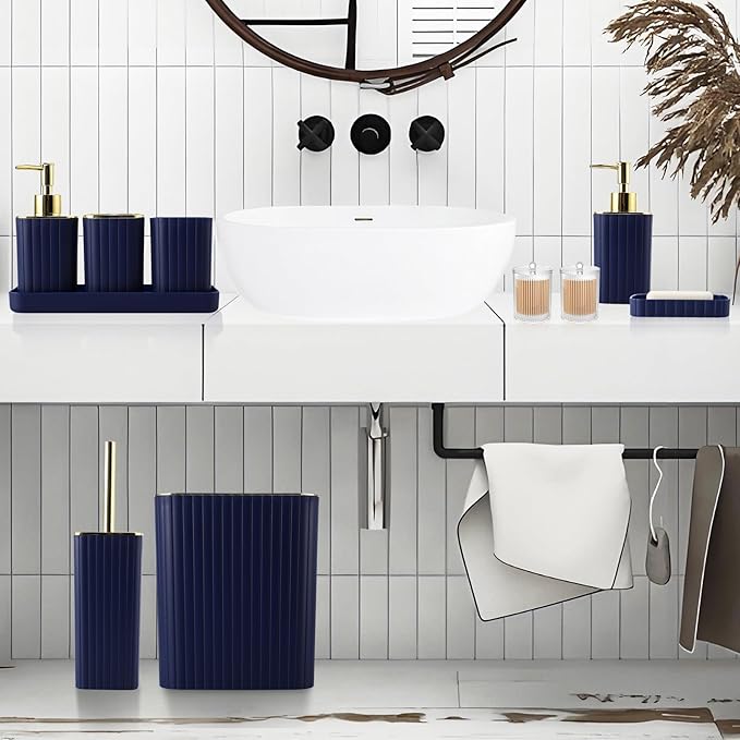 XLHOMO Bathroom Accessories Set - Gorgeous Bathroom Set, 10PC Navy Blue Bathroom Accessory Set, Toilet Brush, Trash Can, Qtip Holder & Soap Dispenser