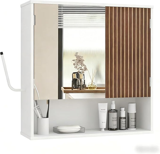Bathroom Wall Cabinet With Mirror,wall mounted bathroom cabinet,Medicine Cabinet with 2 Door ,Side Hook,Light and Adjustable Shelves,White Cabinet with Wood Grain,Over The Toilet Space Saver Cabinet.