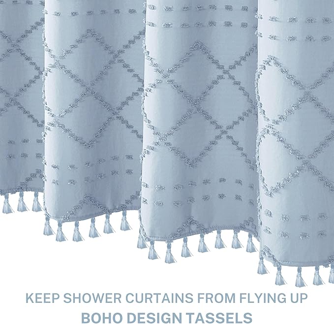 Fog Blue Boho Shower Curtain, 72 x 72 Tufted Chevron Textured Striped Modern Farmhouse Minimalist Cloth Shower Curtain for Bathroom