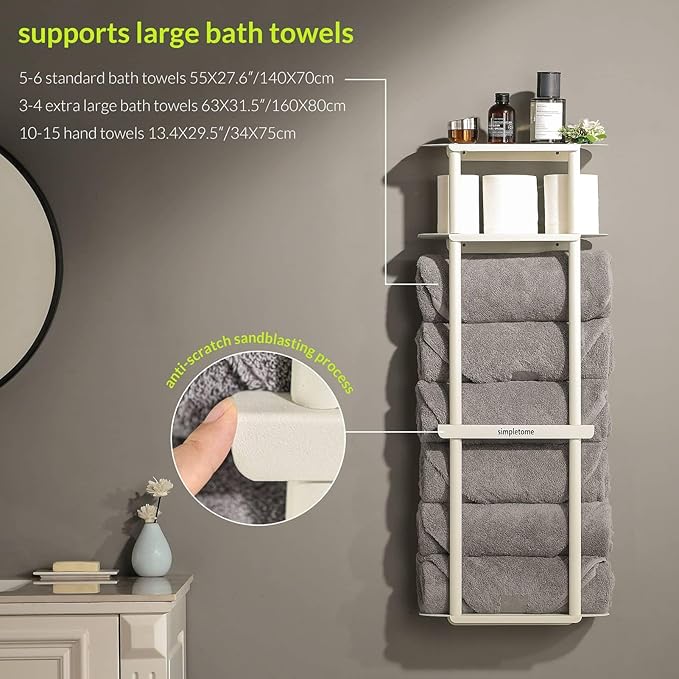 simpletome Towel Racks for Bathroom Storage Shower Organizer 31 inch Wall Mounted with Shelves Can Holds 6 Large Towels Thickened Carbon Steel(Cream White)