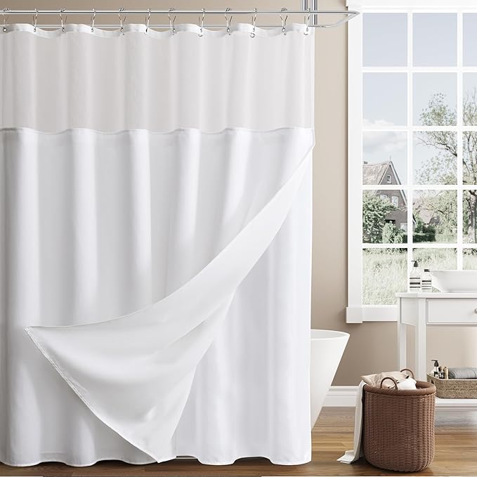 Naturoom Extra Long Shower Curtain 84 Length, Heavy Duty White Linen Fabric Shower Curtain Set with Liner and Hooks, Simple Elegant Country Farmhouse Bath Curtains for Bathroom, Mesh Top Window