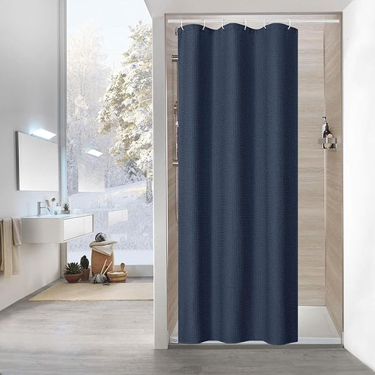 MitoVilla Waffle Small Stall Shower Curtain 36 x 72, Blue Half Size Shower Curtain, Fabric Narrow Shower Curtains for Bathroom Decor, 36 inch Shower Curtain Set with Hooks, Navy Blue