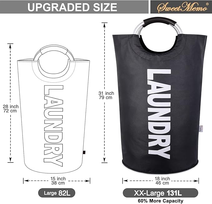 130L Large Laundry Hamper Bag Collapsible, Tall Laundry Basket Bag, Big Dirty Clothes Hampers with Handles for Laundry Room, College Dorm, Light Weigh, Foldable (Black, XXXL)
