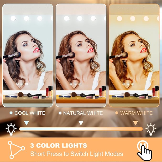 Moonee Hollywood Vanity Mirror with Lights,Makeup Mirror with 18 Dimmable Bulbs and 10X Magnification,3 Colors Modes,Aluminum Metal Frame,USB Charging Port（32" x 24"）