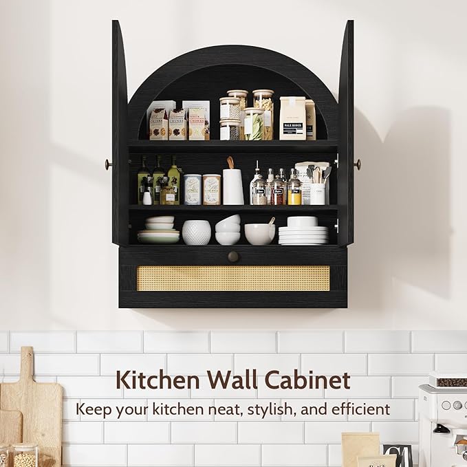 Arched Bathroom Wall Cabinet, Rattan Medicine Cabinet with Drawer, Wall Mounted Hanging Above Toilet Storage Cabinet, Black 4-Tier Small Over The Toilet Storage Cabinet with Door for Kitchen, Laundry