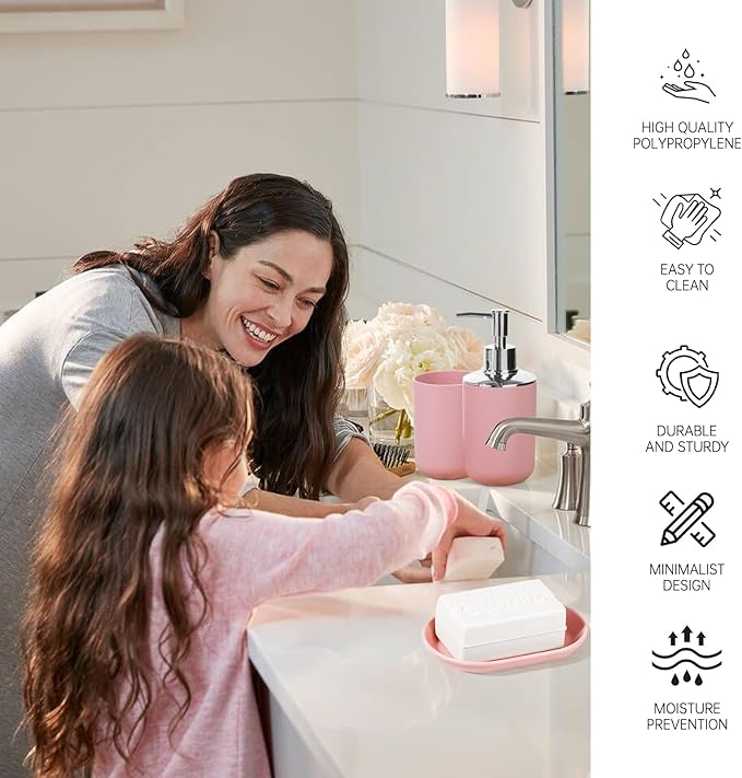 Bathroom Accessory Set, 4 Pcs Plastic Bathroom Set Include Soap Dispenser, Soap Dish, Toothbrush Holder, Mousewash Cup, Modern Bahtroom D??cor Set, Space Save for Bathroom(Light Pink)