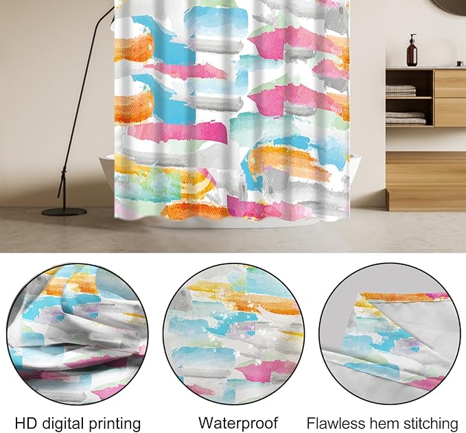 Lnond 4Pcs Abstract Shower Curtain Sets with Rugs, Watercolor Geometric Paint Bathroom Sets with Shower Curtain and Rugs and Accessories