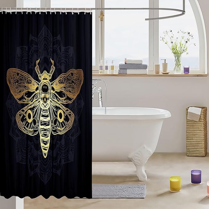 Feelyou Golden Moth Bath Curtain Gothic Skull Moth Pattern Shower Curtain Kids Stalls Decor Pesonalized Skeleton Bones Bathroom Shower Curtain Set Retro Waterproof Polyester Bathroom Curtains 72"x78"