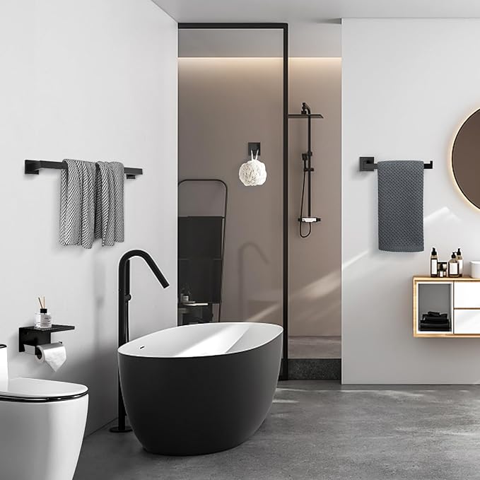 TURS Bathroom Hardware Set Black 4-Piece Towel Bar Set Include 24 Inch Towel Bar Hand Towel Holder Towel Hook Toilet Paper Holder with Shelf Wall Mounted Stainless Steel Bathroom Accessories Set