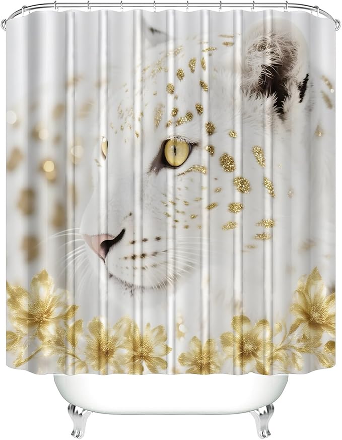 jieprom 4PCS White and Gold Leopard Shower Curtain Set with Rugs, Luxury Golden Floral & Cheetah Print Art, Modern Glam Bathroom Decor, Waterproof Fabric with Non-Slip Mats, 72" x 72"
